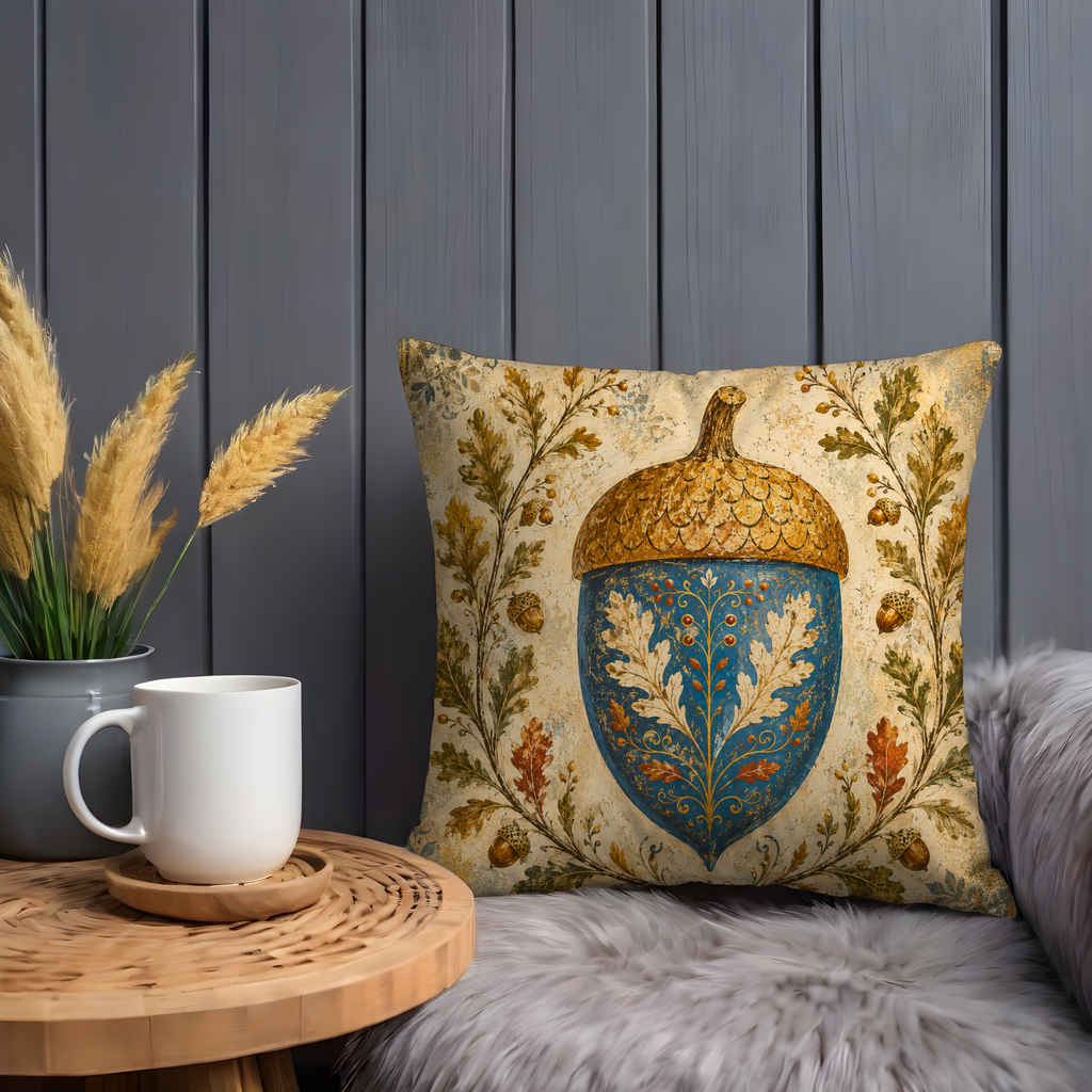 Folk Art Acorn Pillow Cover | Blue Gold Oak Heraldic Art | Fall Decor
