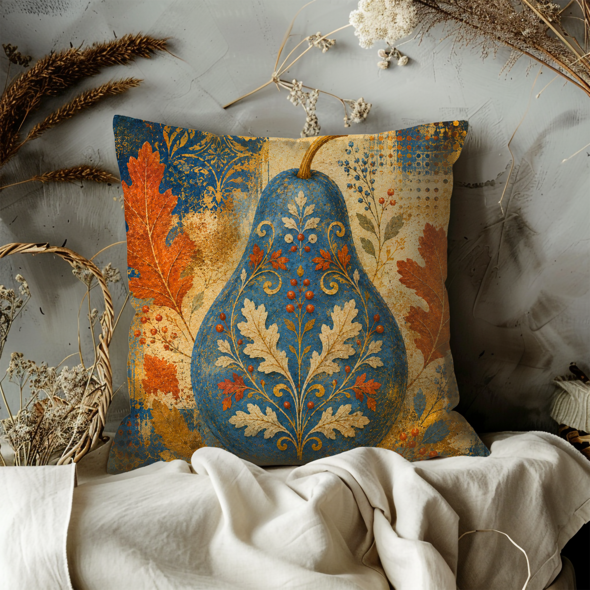 Folk Art Pear Pillow Cover | Blue Gold Autumn Fruit Art | Fall Decor