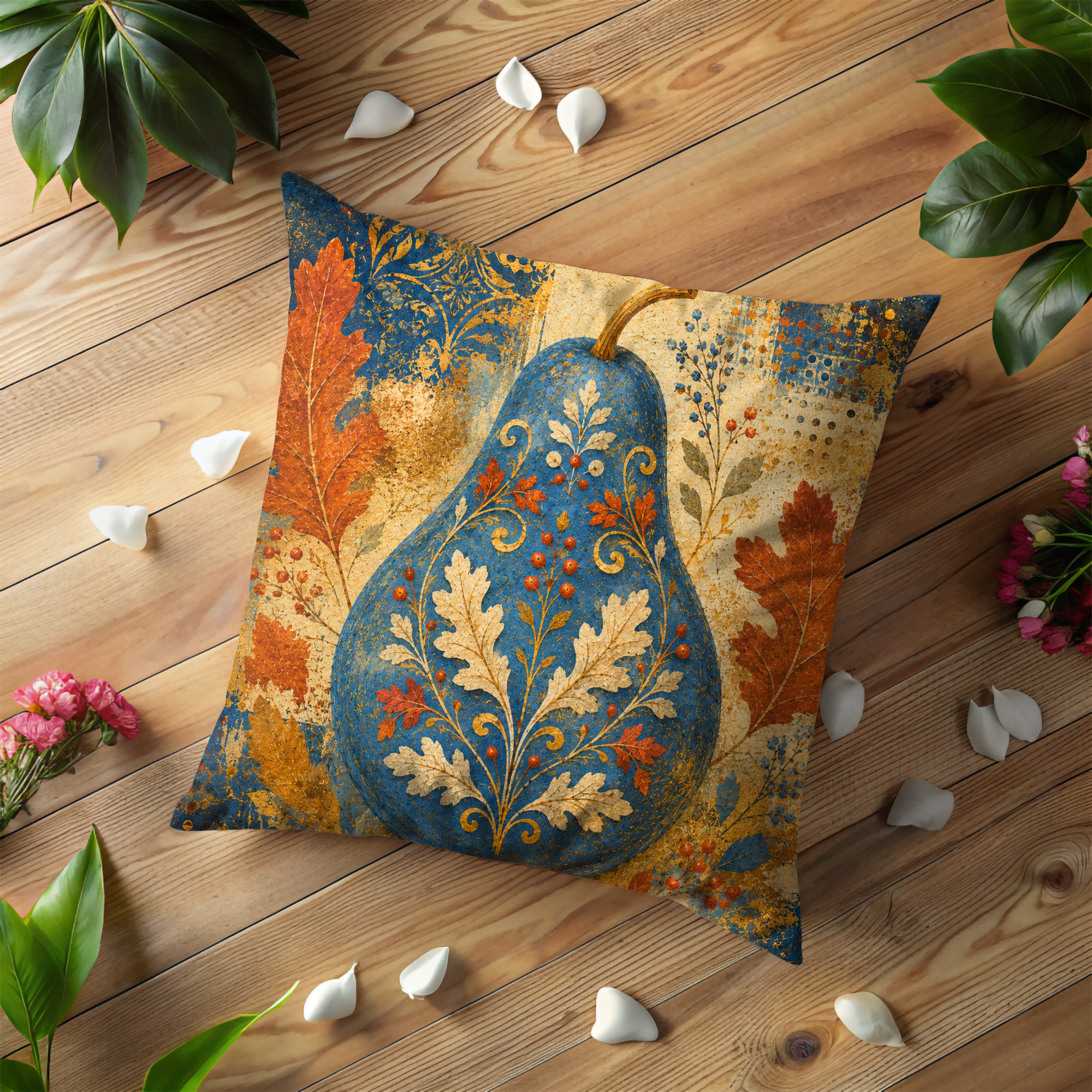 Folk Art Pear Pillow Cover | Blue Gold Autumn Fruit Art | Fall Decor