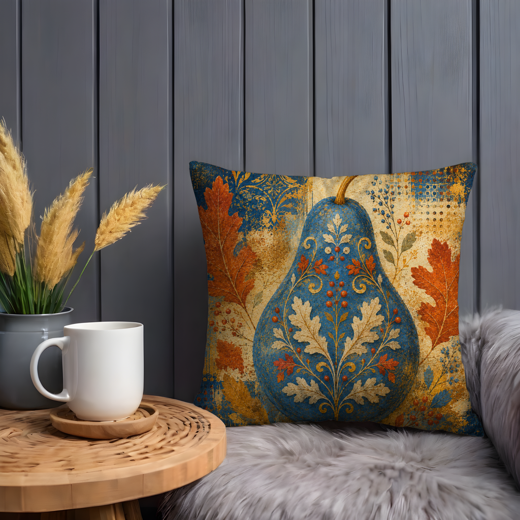 Folk Art Pear Pillow Cover | Blue Gold Autumn Fruit Art | Fall Decor