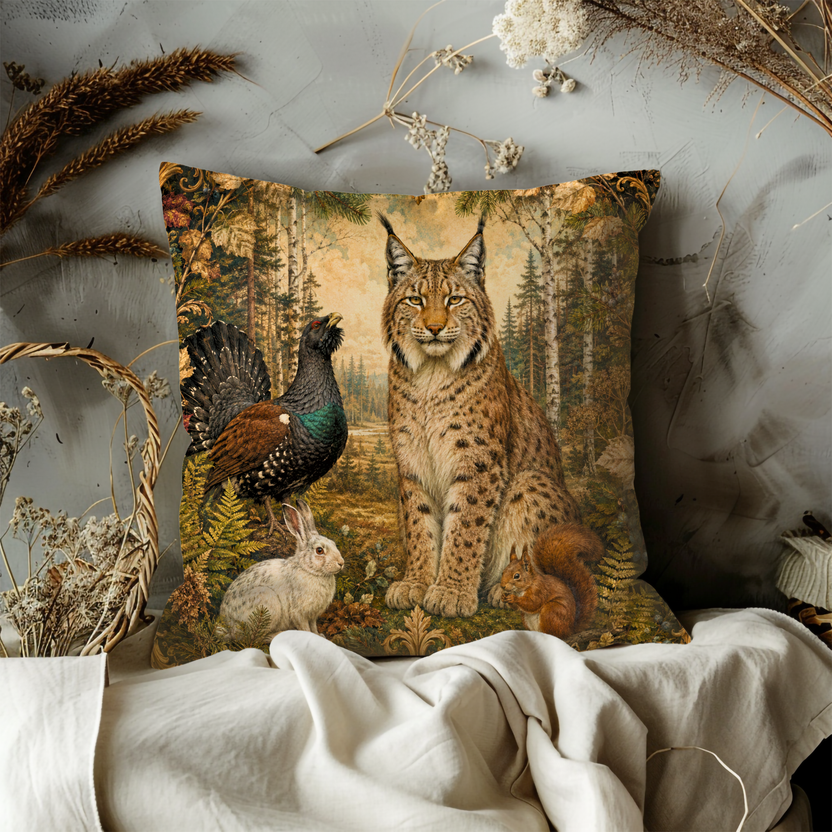 Eurasian Lynx Pillow Cover | Boreal Forest Wildlife Art | Vintage Decor