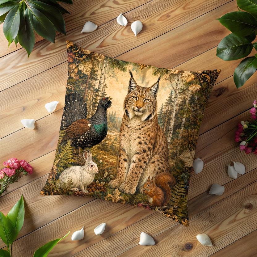 Eurasian Lynx Pillow Cover | Boreal Forest Wildlife Art | Vintage Decor