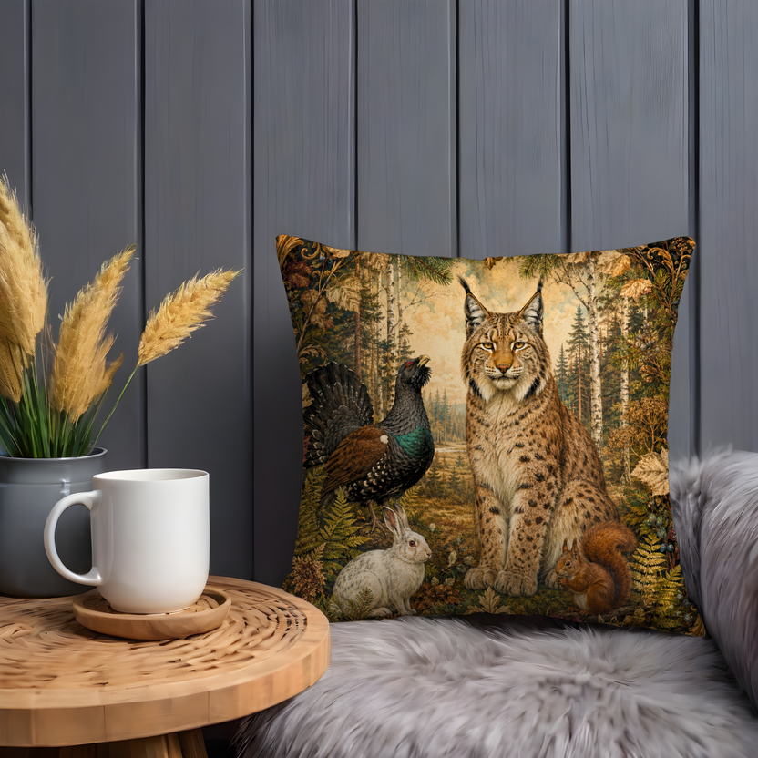 Eurasian Lynx Pillow Cover | Boreal Forest Wildlife Art | Vintage Decor