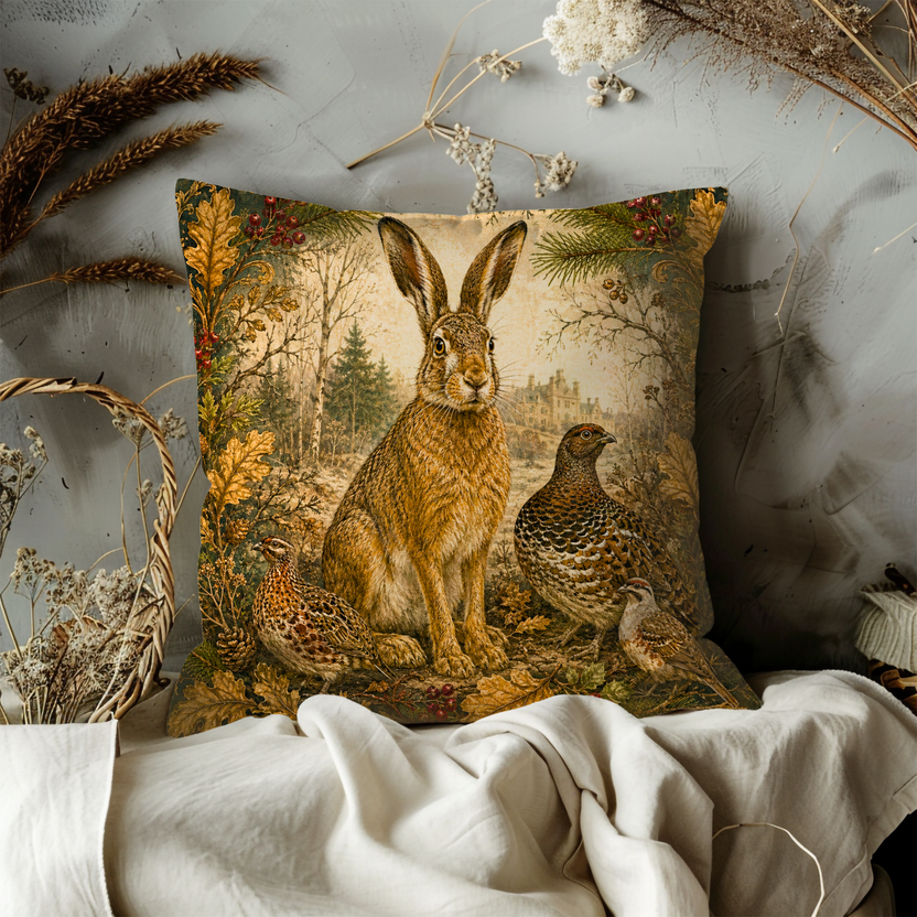 Brown Hare Pillow Cover | Woodland Gamebird Art | Vintage Decor