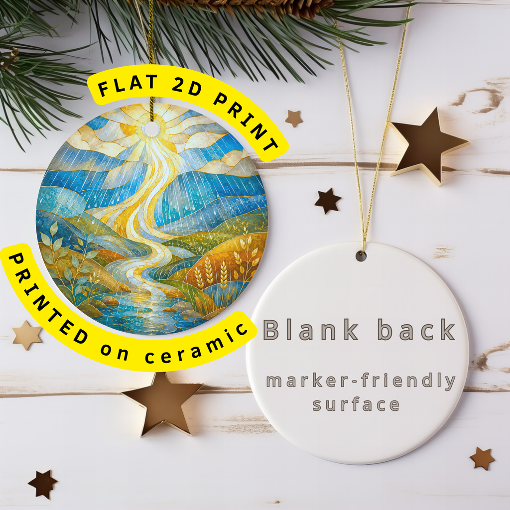 Sunlit River Valley Ceramic Ornament – Stained Glass Landscape Decor