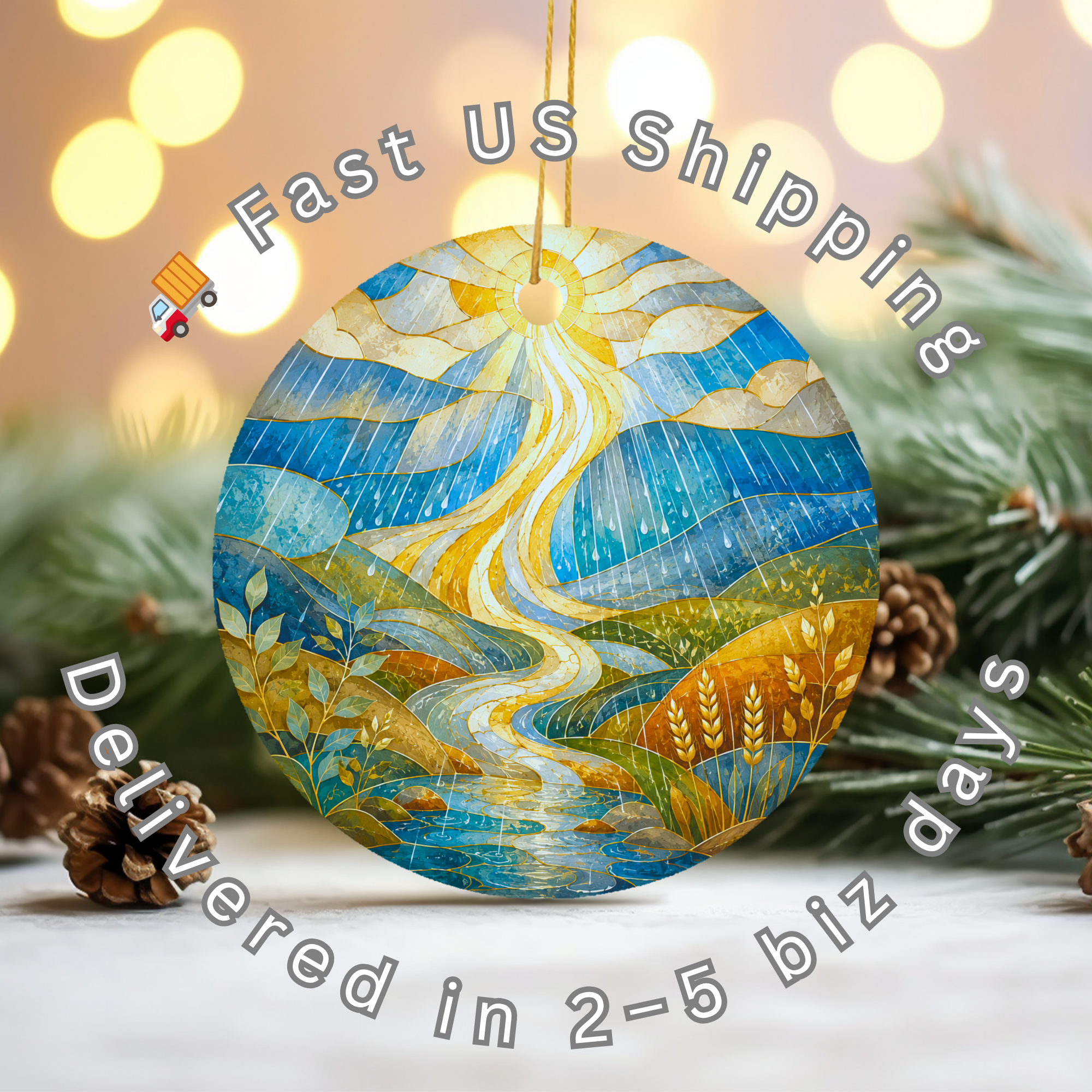 Sunlit River Valley Ceramic Ornament – Stained Glass Landscape Decor