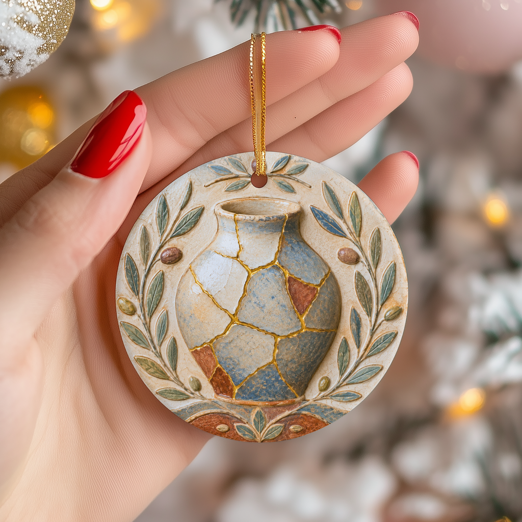 Kintsugi Olive Vase Ceramic Ornament – Mediterranean Folk Relief Decor