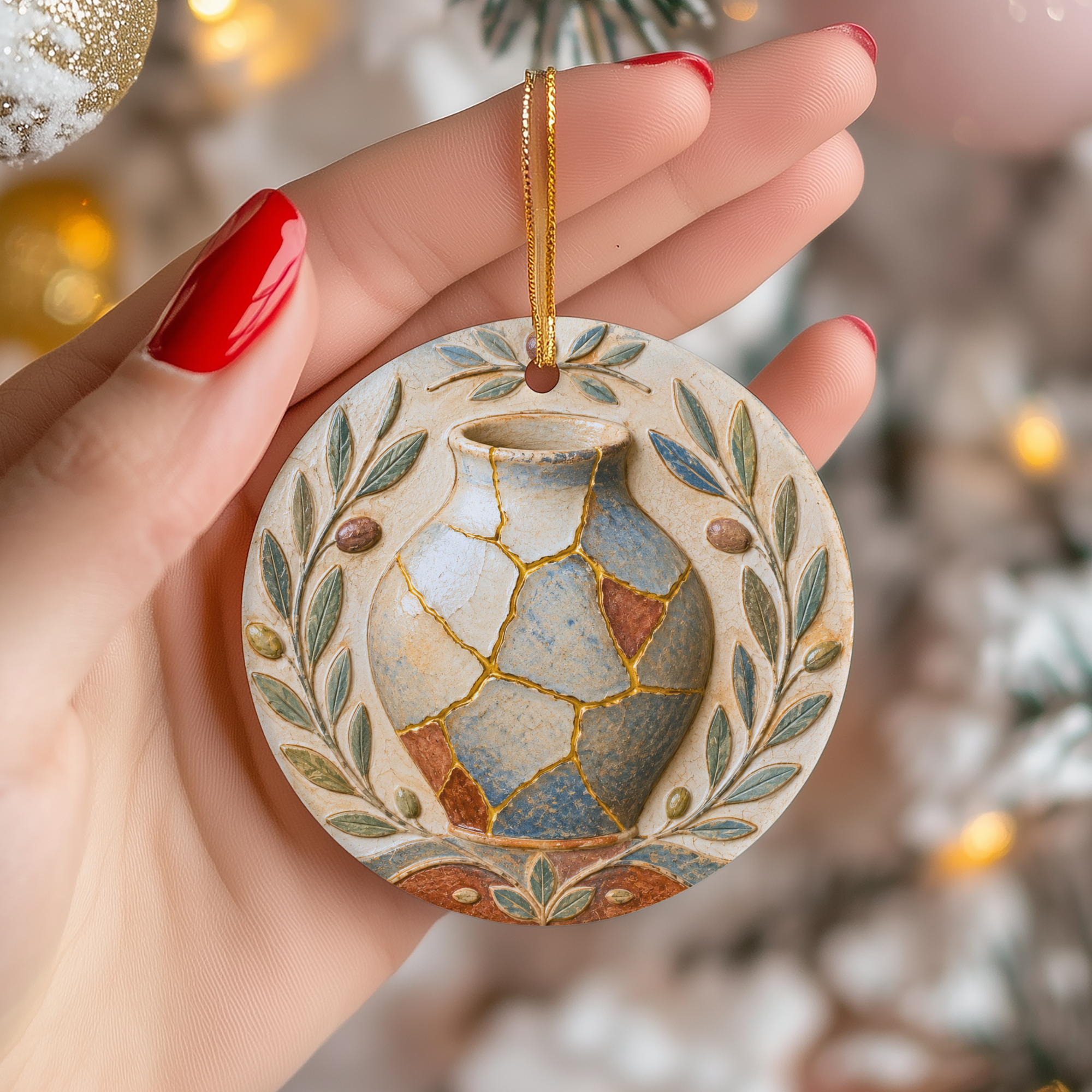 Kintsugi Olive Vase Ceramic Ornament – Mediterranean Folk Relief Decor