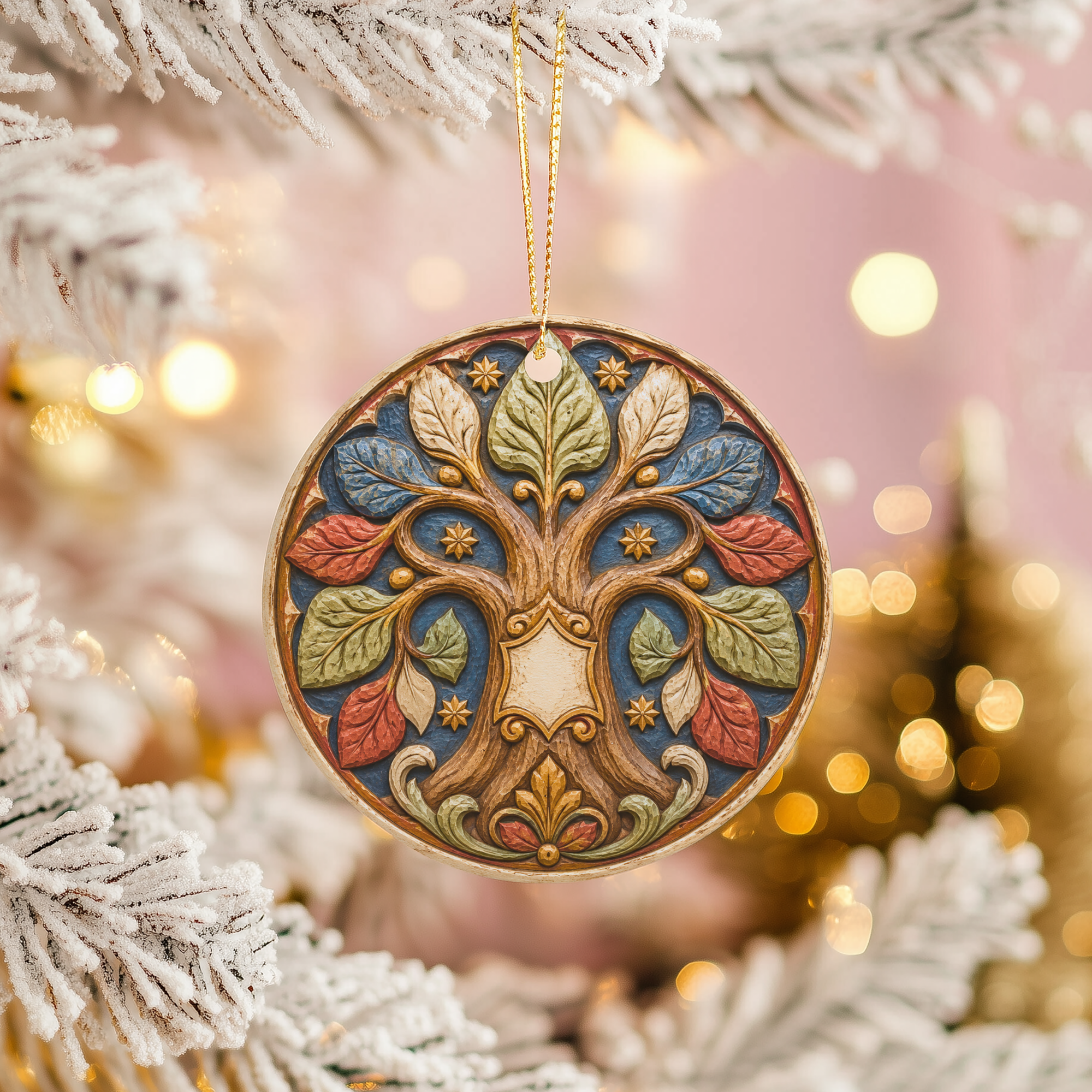 Folk Tree of Life Ceramic Ornament – Carved Leaf Medallion Decor
