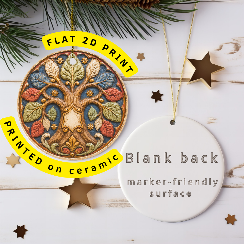 Folk Tree of Life Ceramic Ornament – Carved Leaf Medallion Decor