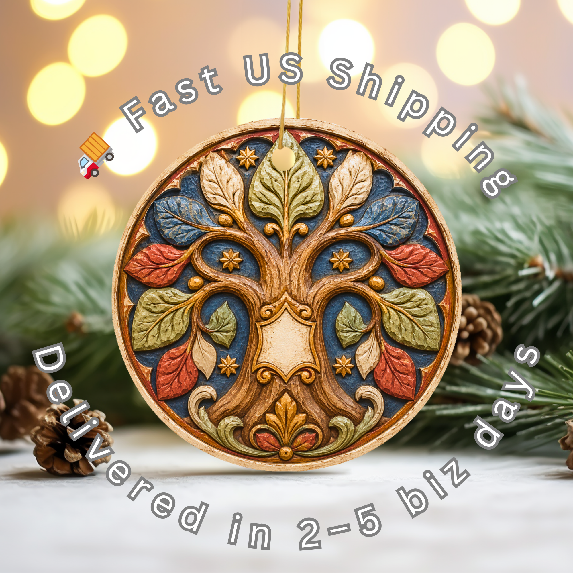 Folk Tree of Life Ceramic Ornament – Carved Leaf Medallion Decor