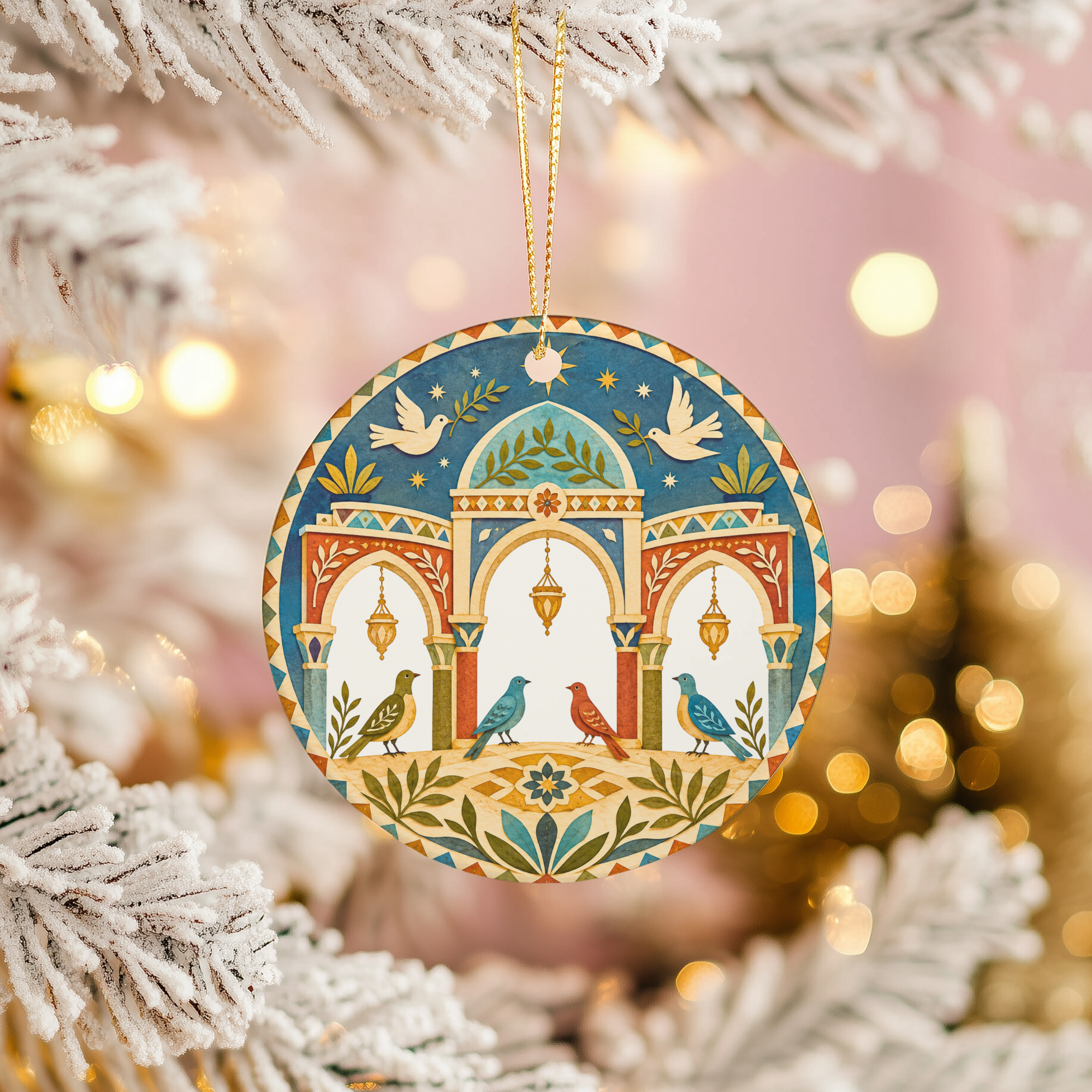 Courtyard Birds and Doves Ceramic Ornament – Folk Arch Lantern Decor
