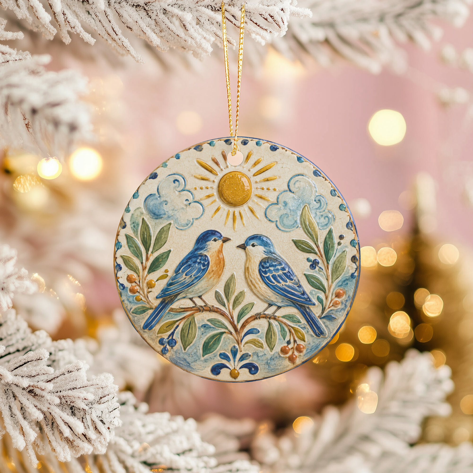 Two Bluebirds at Sunrise Ceramic Ornament – Ceramic Folk Bird Decor