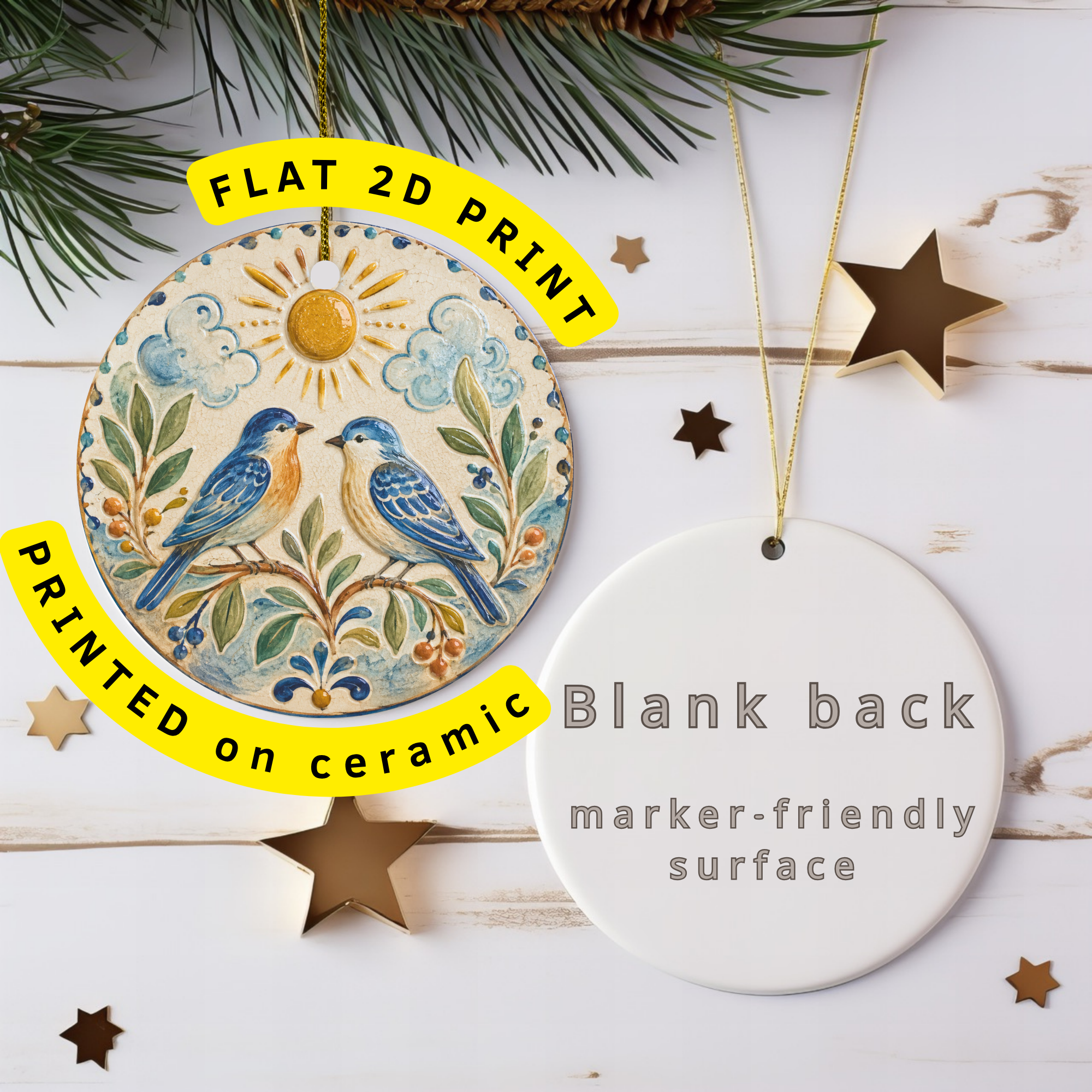 Two Bluebirds at Sunrise Ceramic Ornament – Ceramic Folk Bird Decor