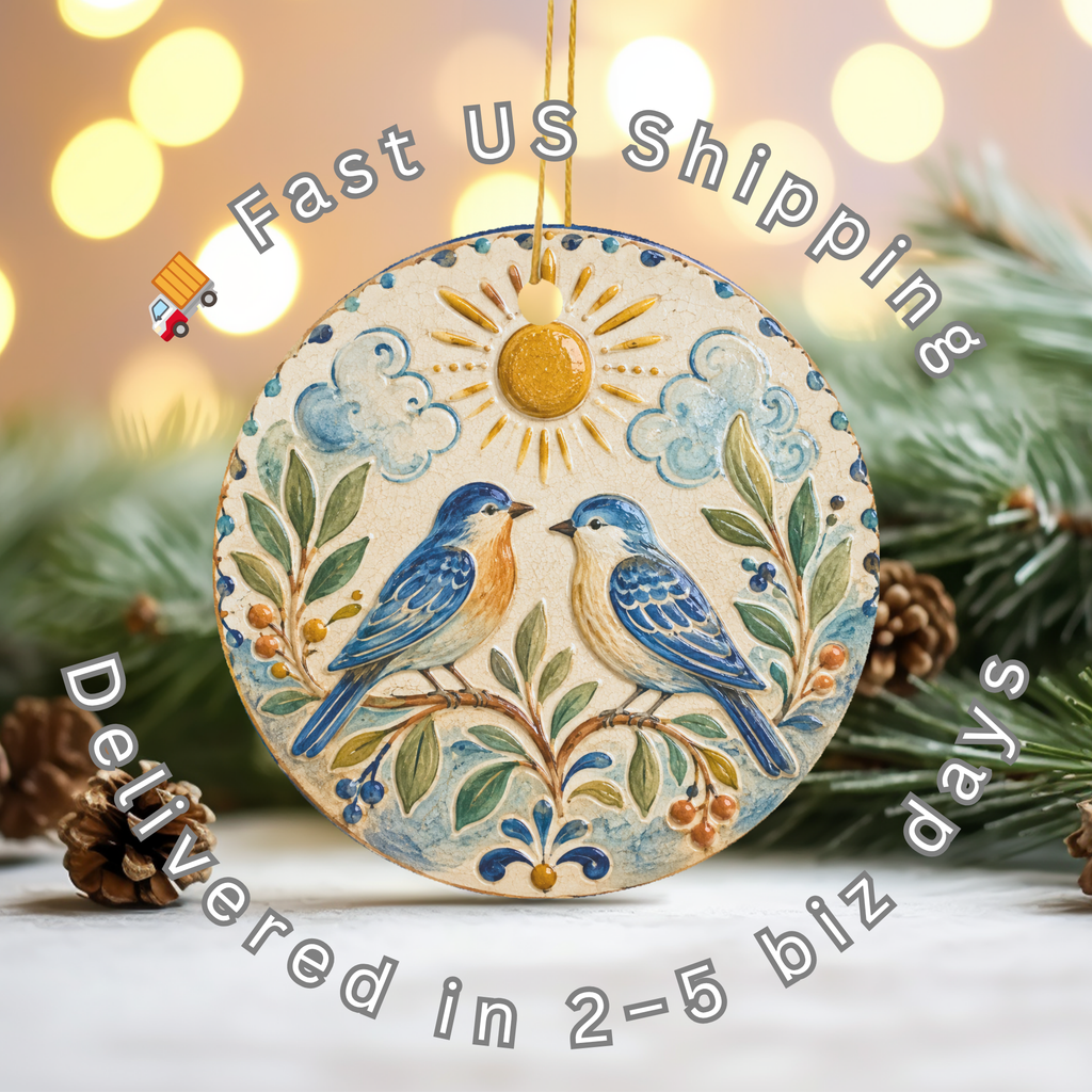 Two Bluebirds at Sunrise Ceramic Ornament – Ceramic Folk Bird Decor