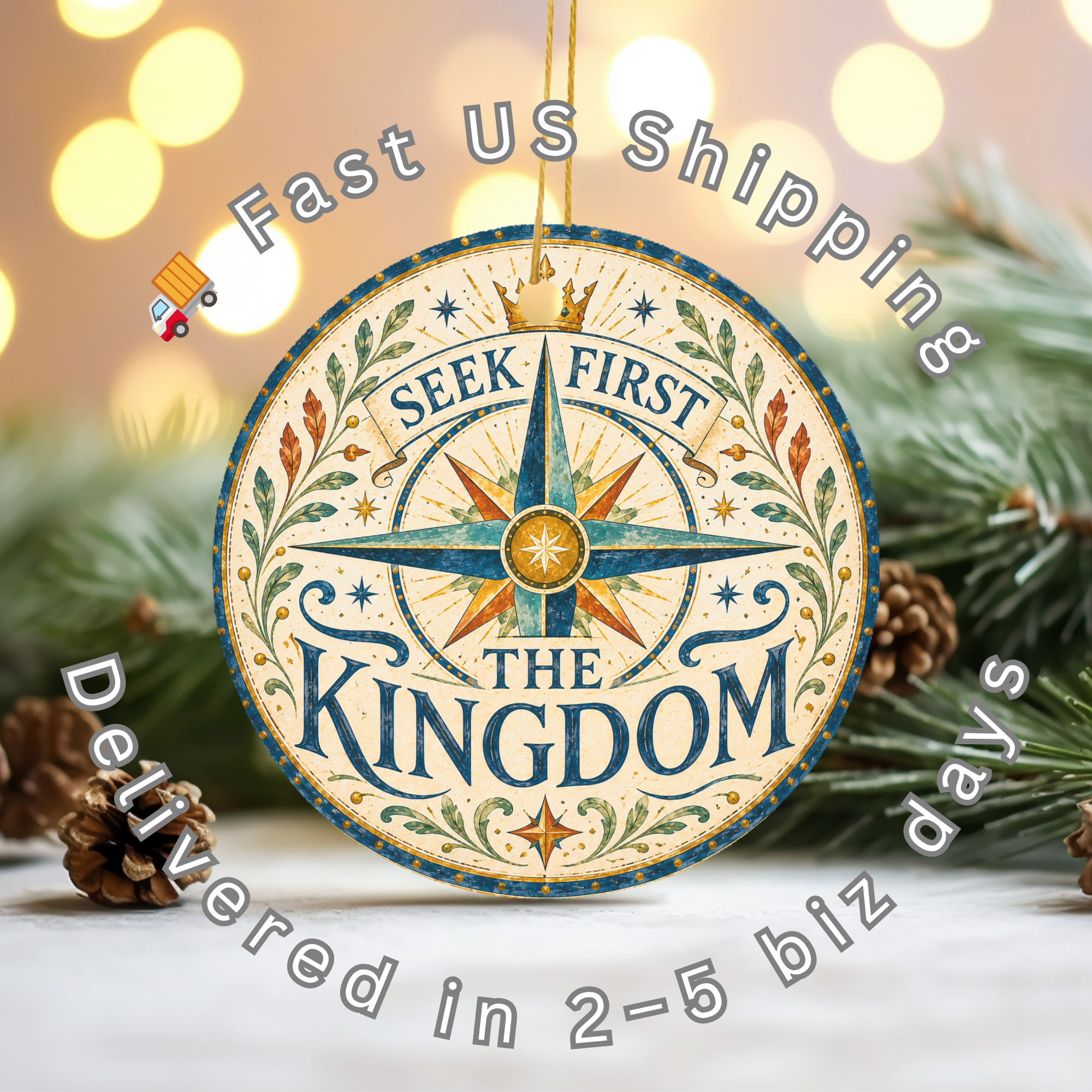 Seek First the Kingdom Ceramic Ornament – Compass Star Crown Decor