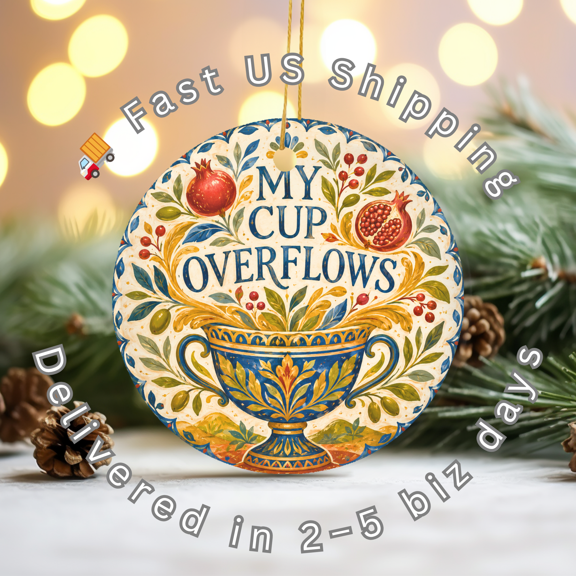 My Cup Overflows Ceramic Ornament | Psalm 23 Scripture Gift | Christian Decor