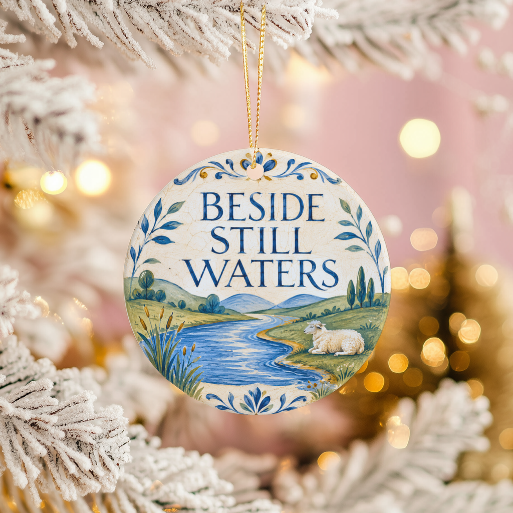 Beside Still Waters Ceramic Ornament | Psalm 23 Scripture Gift | Christian Decor