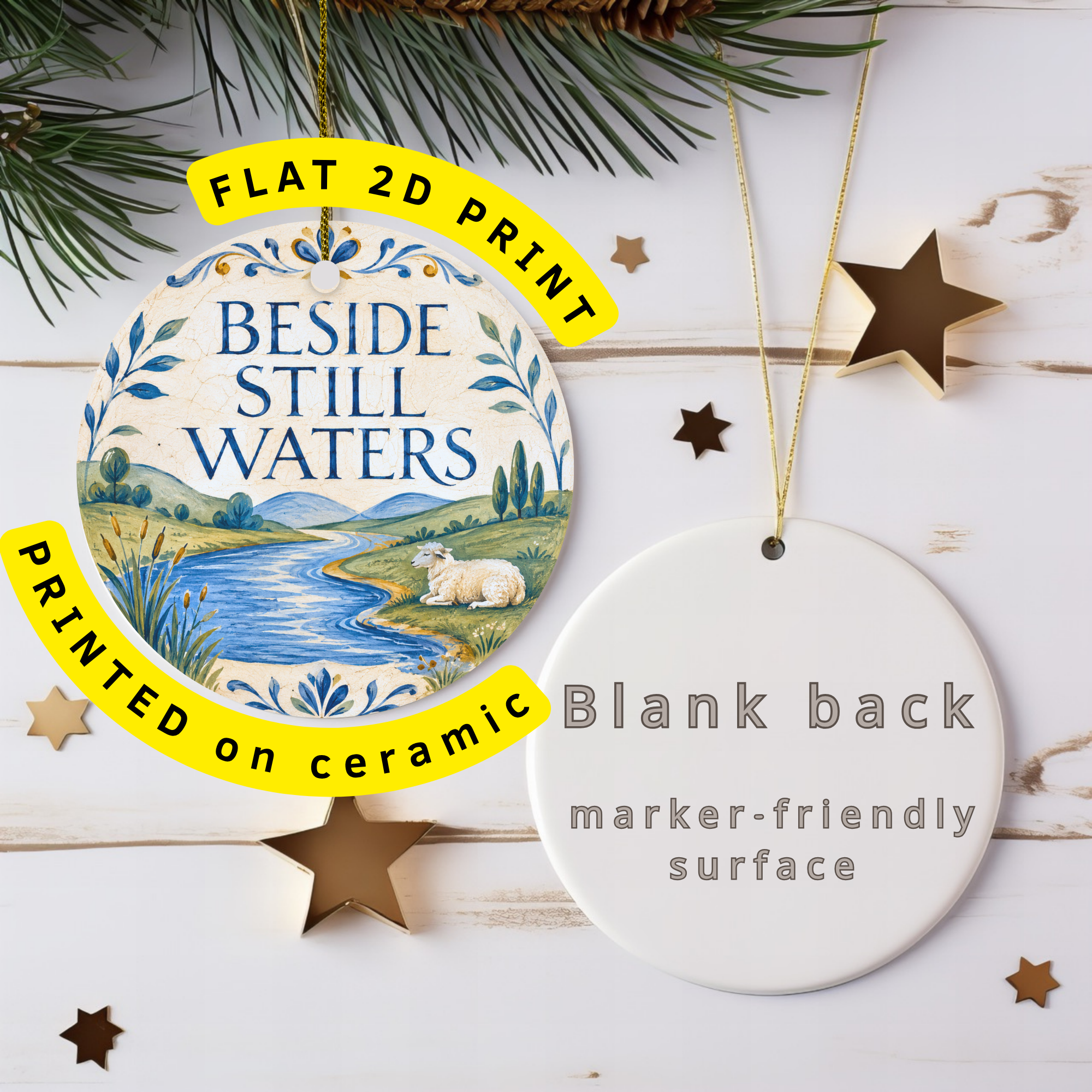 Beside Still Waters Ceramic Ornament | Psalm 23 Scripture Gift | Christian Decor
