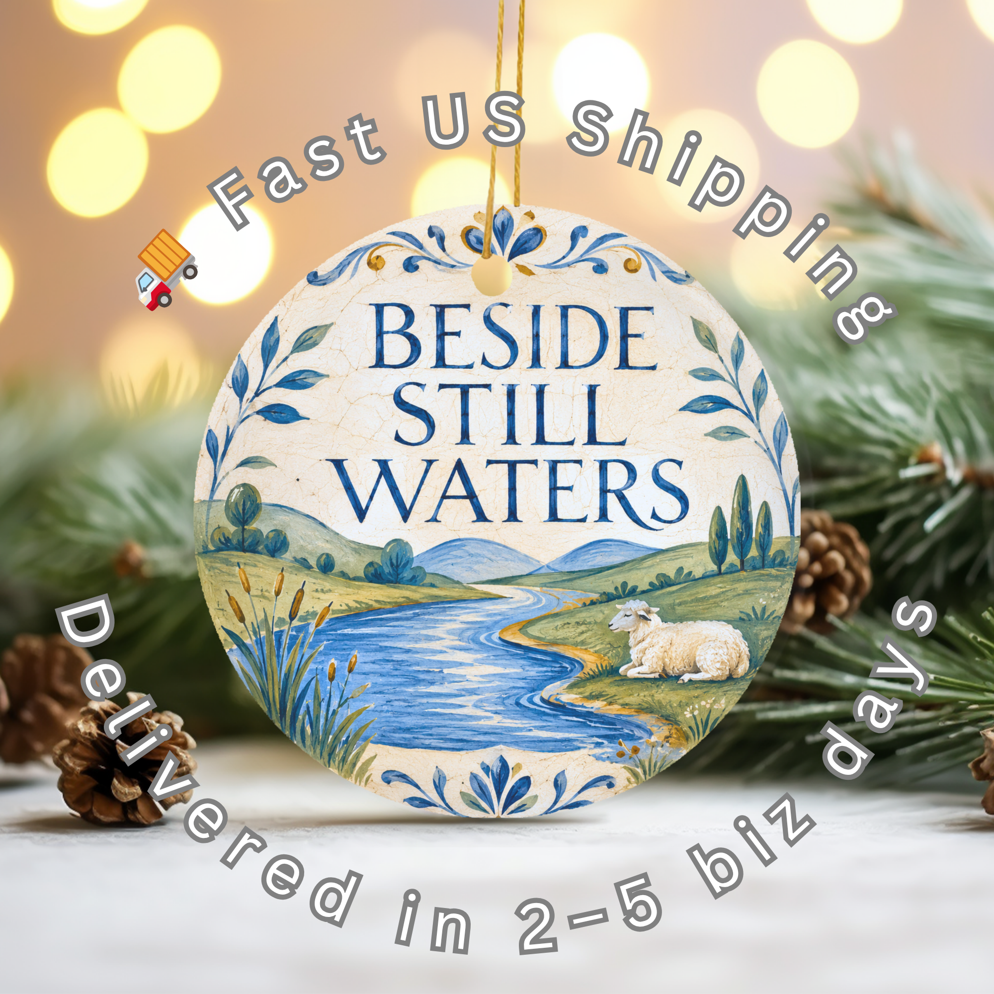 Beside Still Waters Ceramic Ornament | Psalm 23 Scripture Gift | Christian Decor