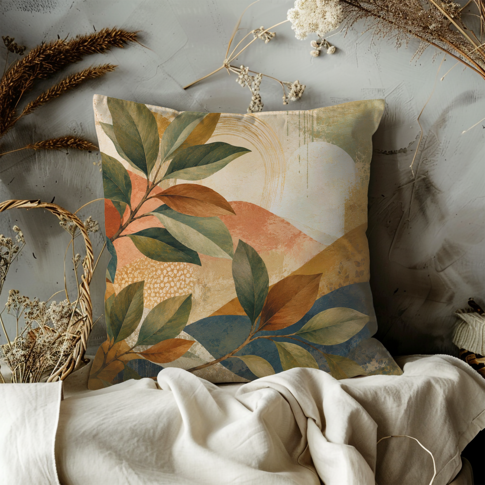 Bay Leaf Hills Pillow Cover | Abstract Botanical Art | Modern Decor