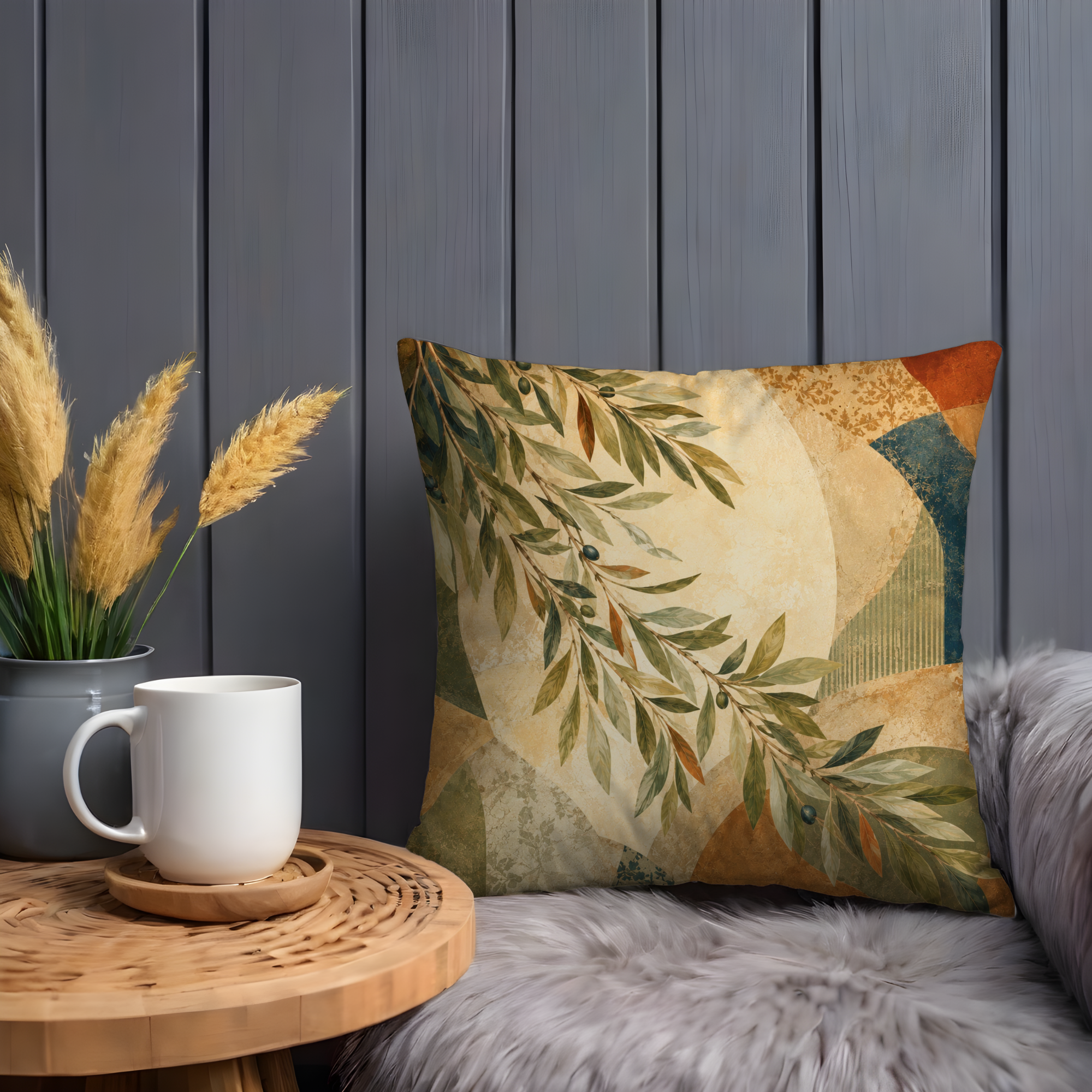 Olive Branch Moon Pillow Cover | Mediterranean Art | Modern Decor