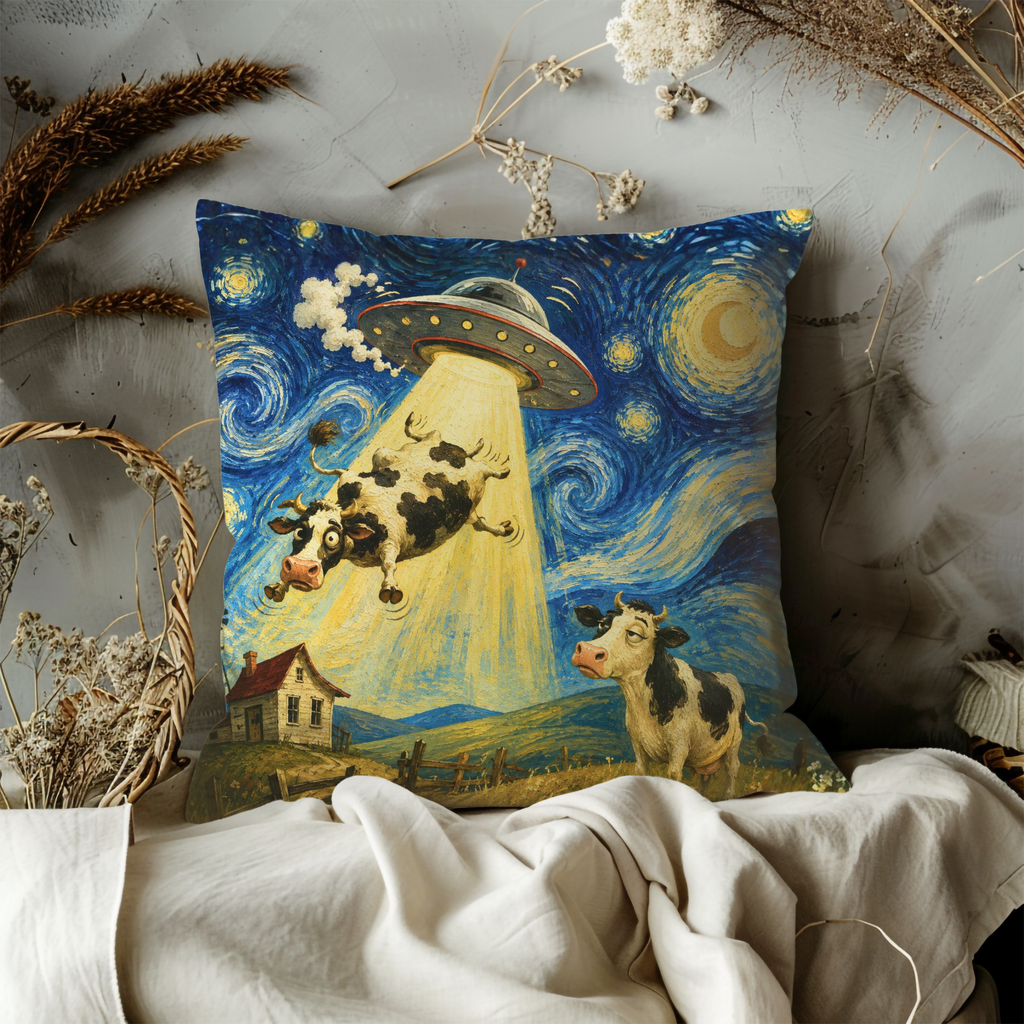 UFO Cow Abduction Pillow Cover | Starry Farm Art | Whimsical Decor