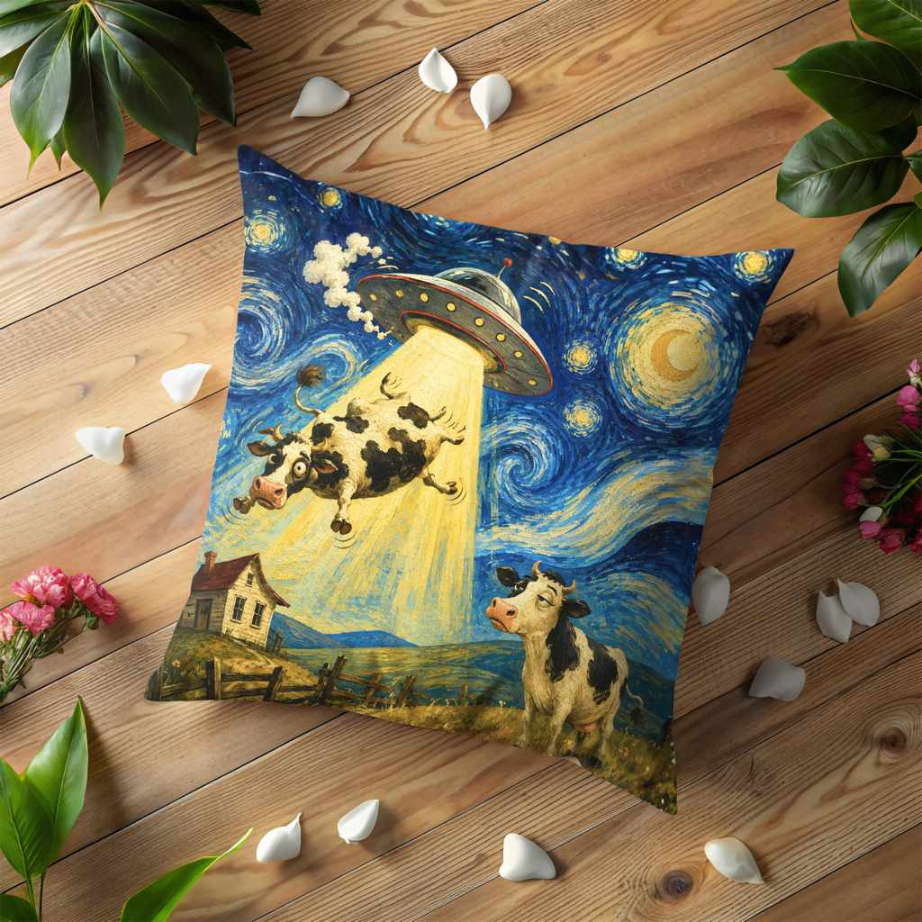 UFO Cow Abduction Pillow Cover | Starry Farm Art | Whimsical Decor