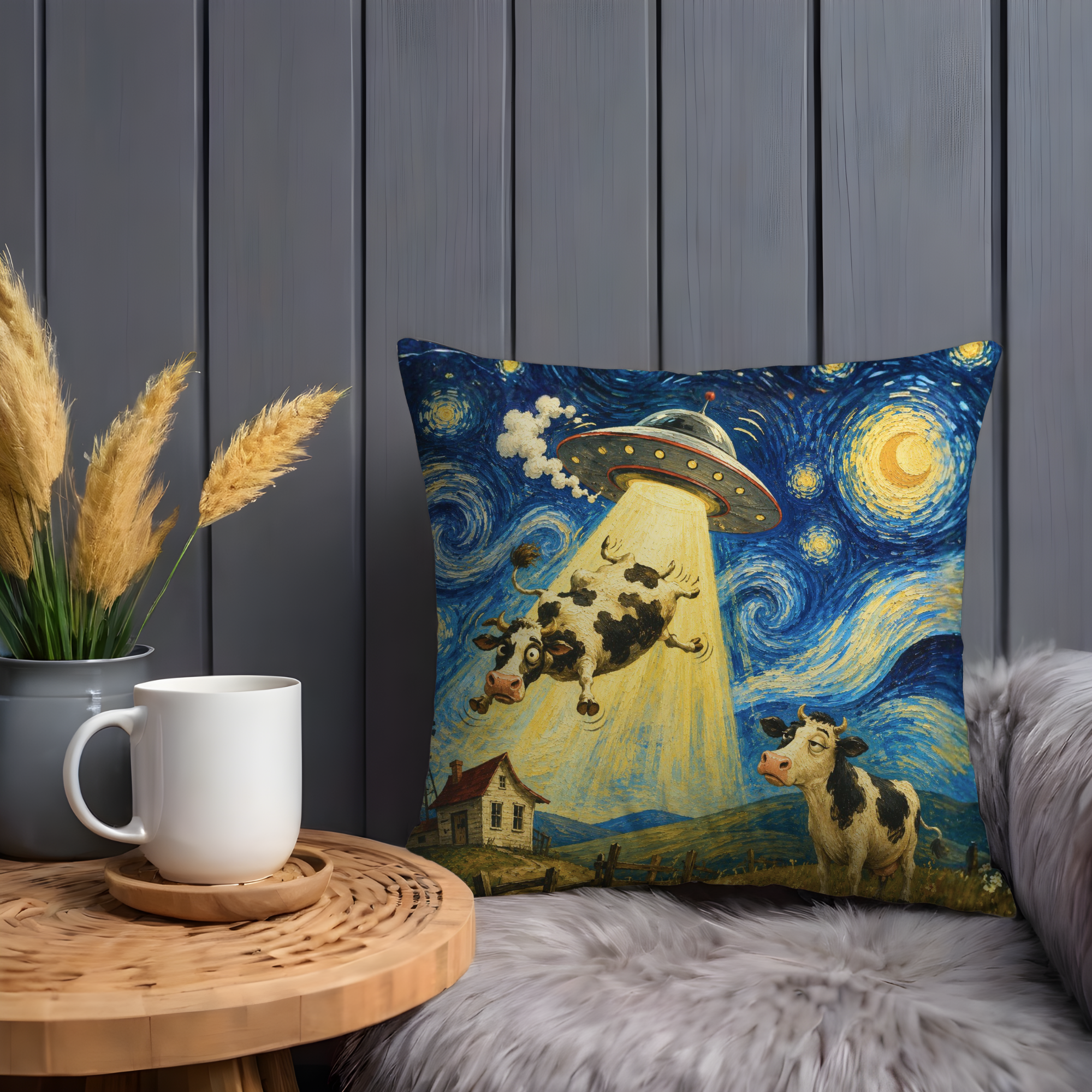 UFO Cow Abduction Pillow Cover | Starry Farm Art | Whimsical Decor