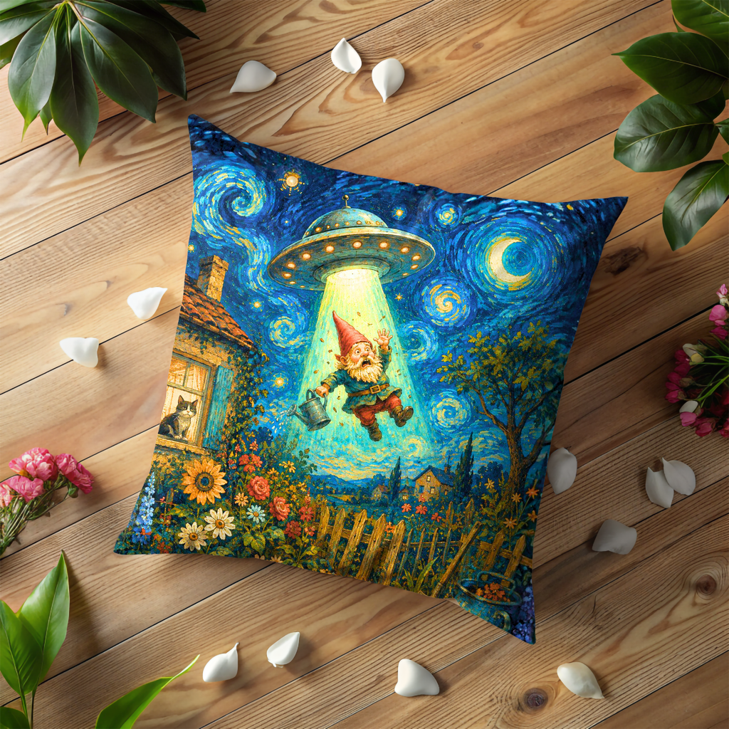 Garden Gnome UFO Pillow Cover | Starry Garden Art | Whimsical Decor