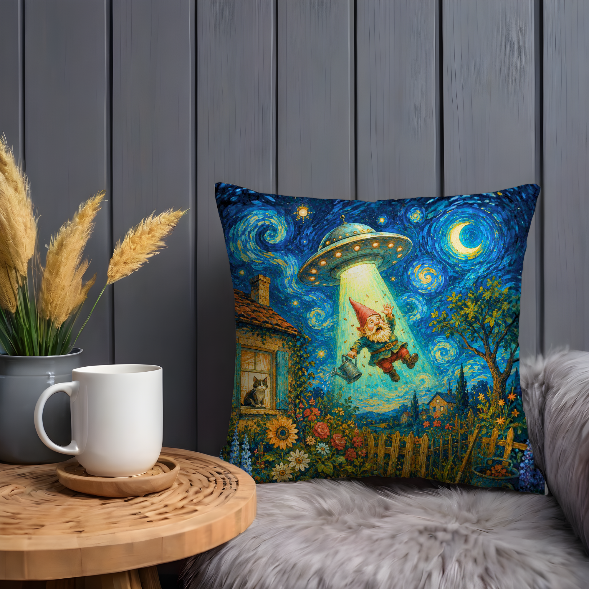 Garden Gnome UFO Pillow Cover | Starry Garden Art | Whimsical Decor