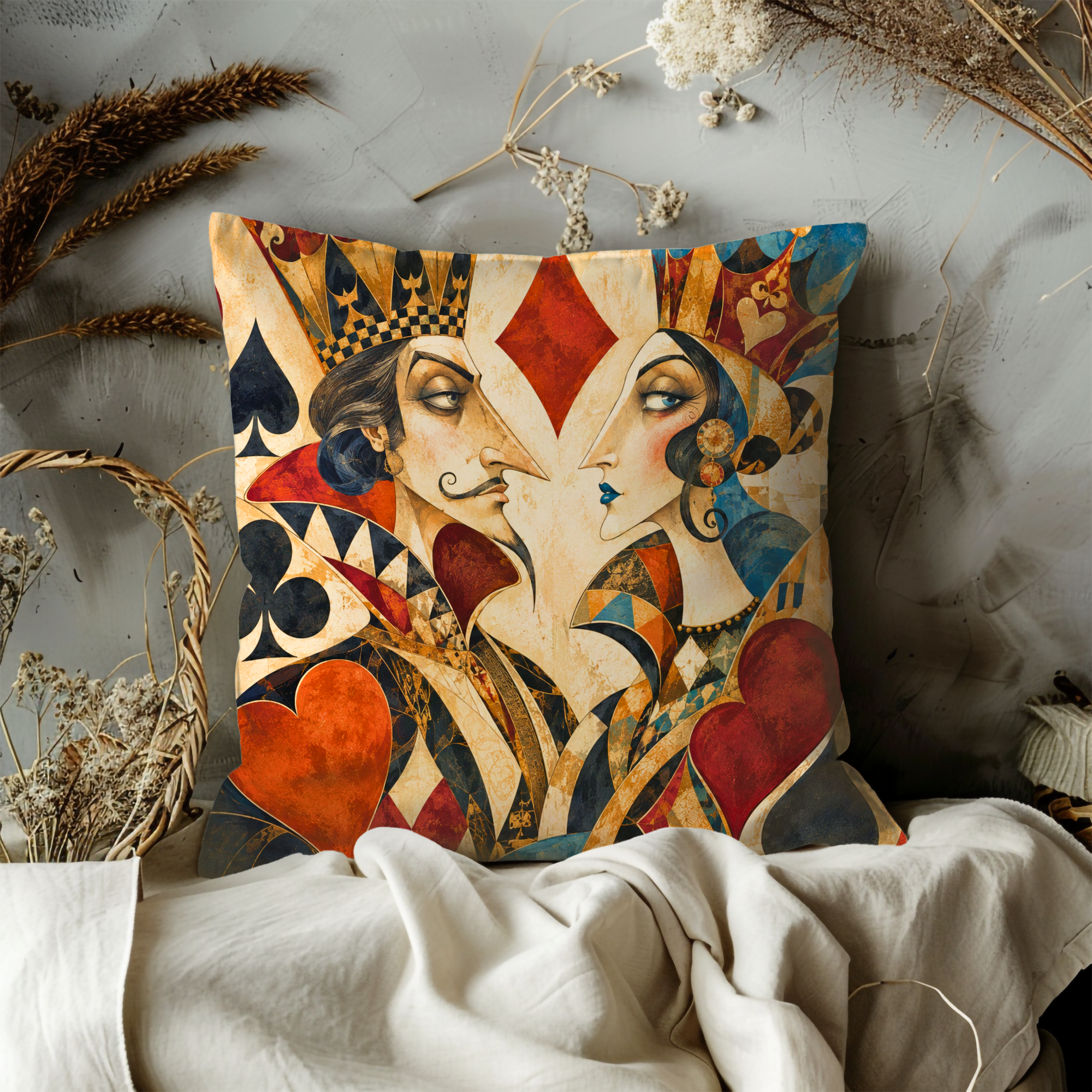 King Queen Cards Pillow Cover | Playing Card Art | Game Room Decor