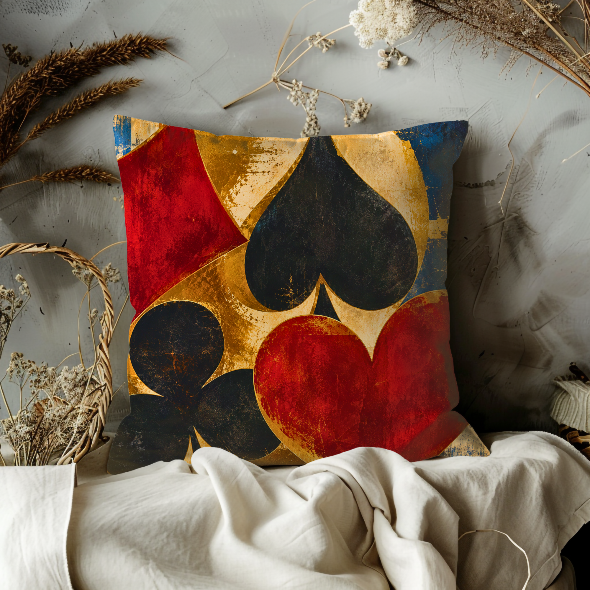 Card Suit Gold Pillow Cover | Playing Card Art | Game Room Decor