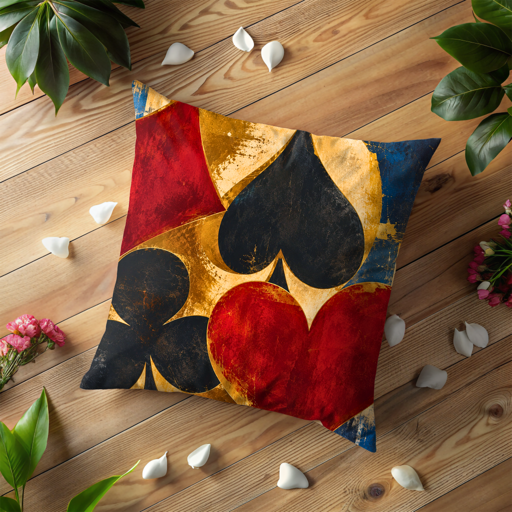 Card Suit Gold Pillow Cover | Playing Card Art | Game Room Decor