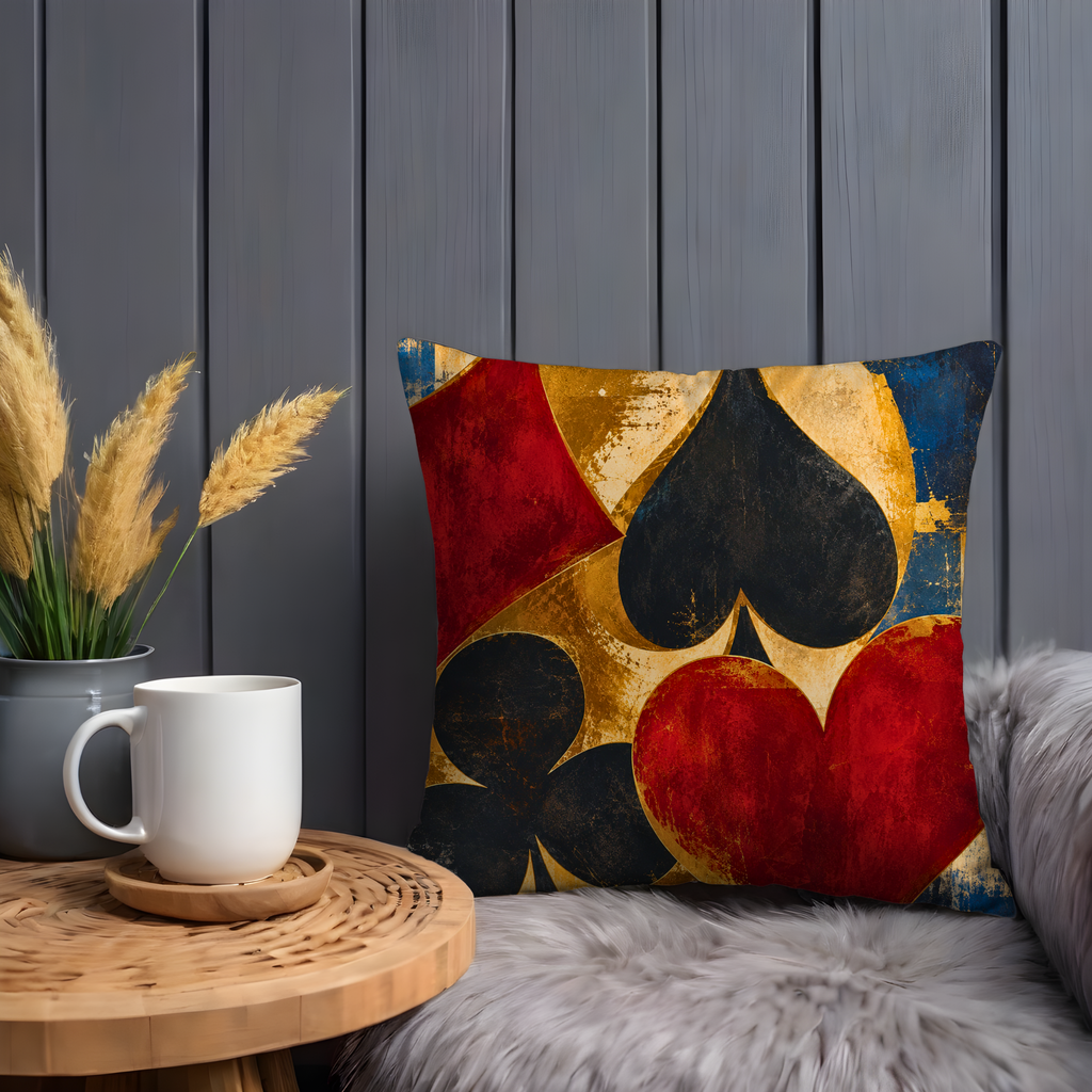 Card Suit Gold Pillow Cover | Playing Card Art | Game Room Decor