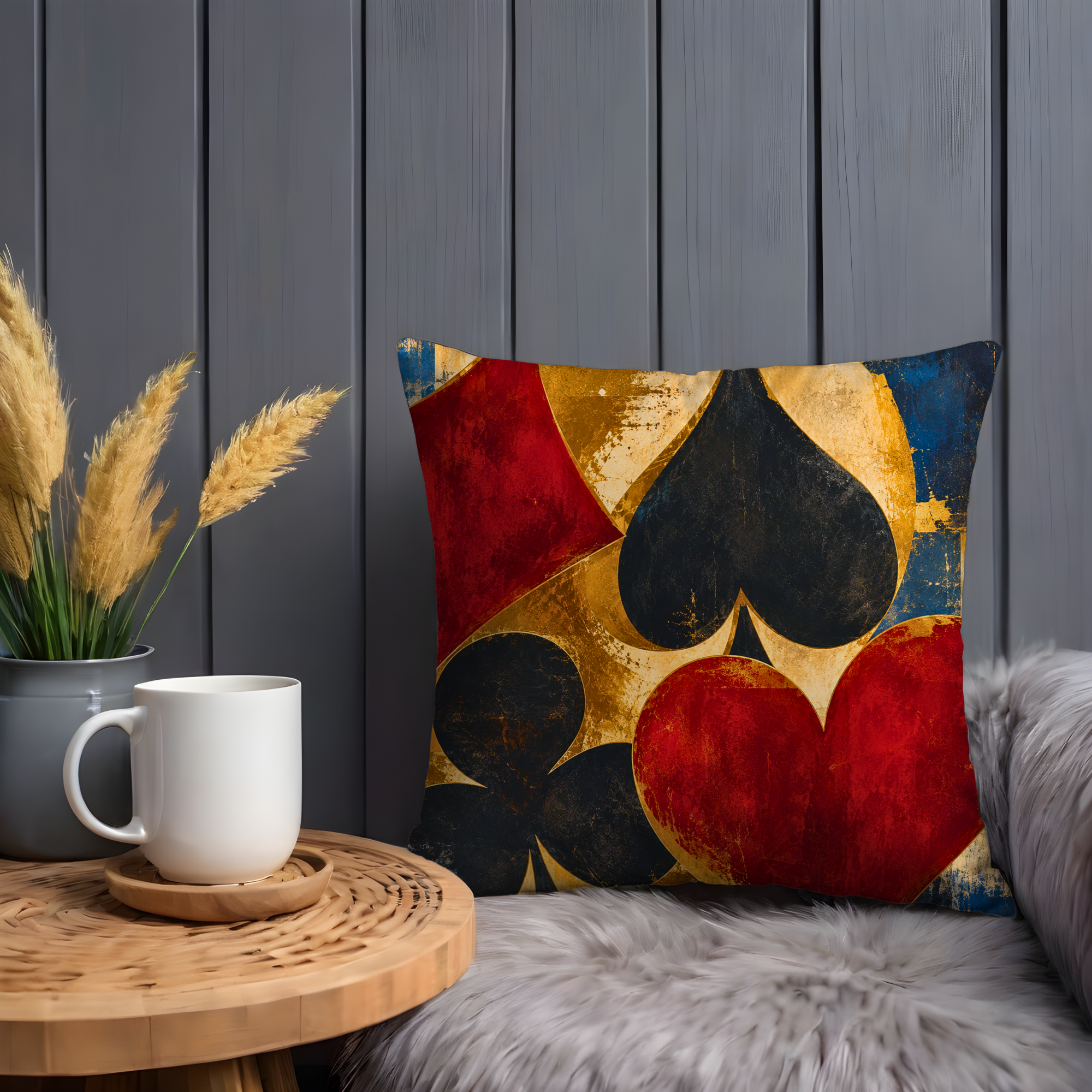 Card Suit Gold Pillow Cover | Playing Card Art | Game Room Decor