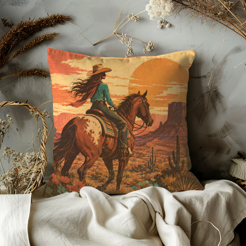 Cowgirl on Horseback Pillow Cover | Desert Sunset Western Art | Southwest Decor
