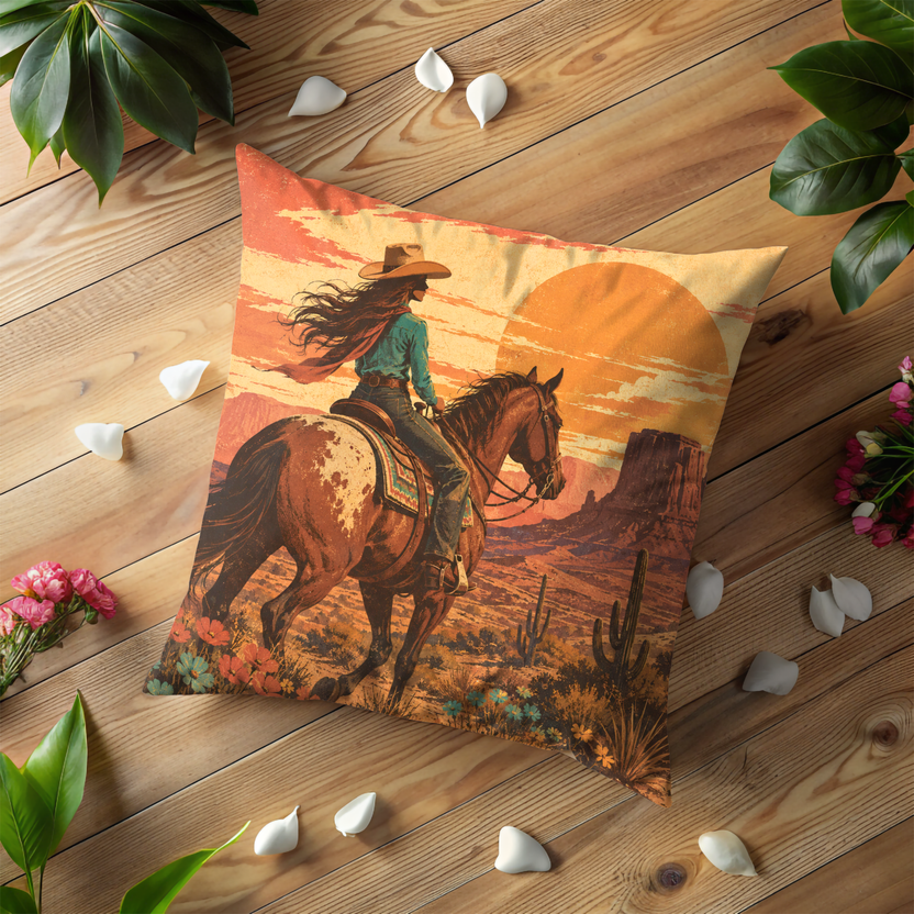 Cowgirl on Horseback Pillow Cover | Desert Sunset Western Art | Southwest Decor