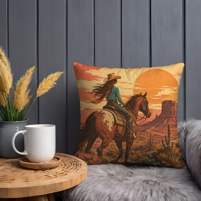 Cowgirl on Horseback Pillow Cover | Desert Sunset Western Art | Southwest Decor