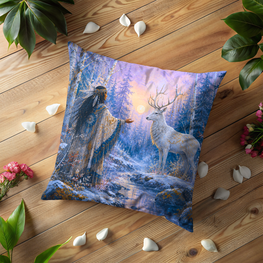 White Deer Pillow Cover | Enchanted Winter Forest Dawn