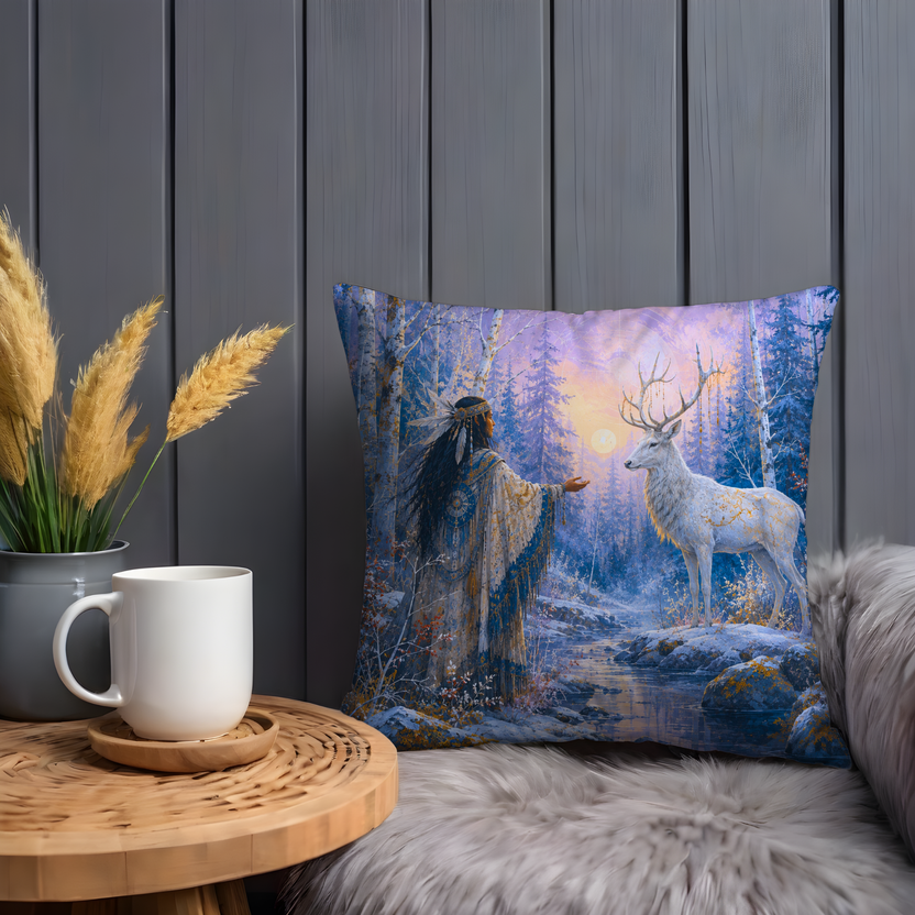 White Deer Pillow Cover | Enchanted Winter Forest Dawn