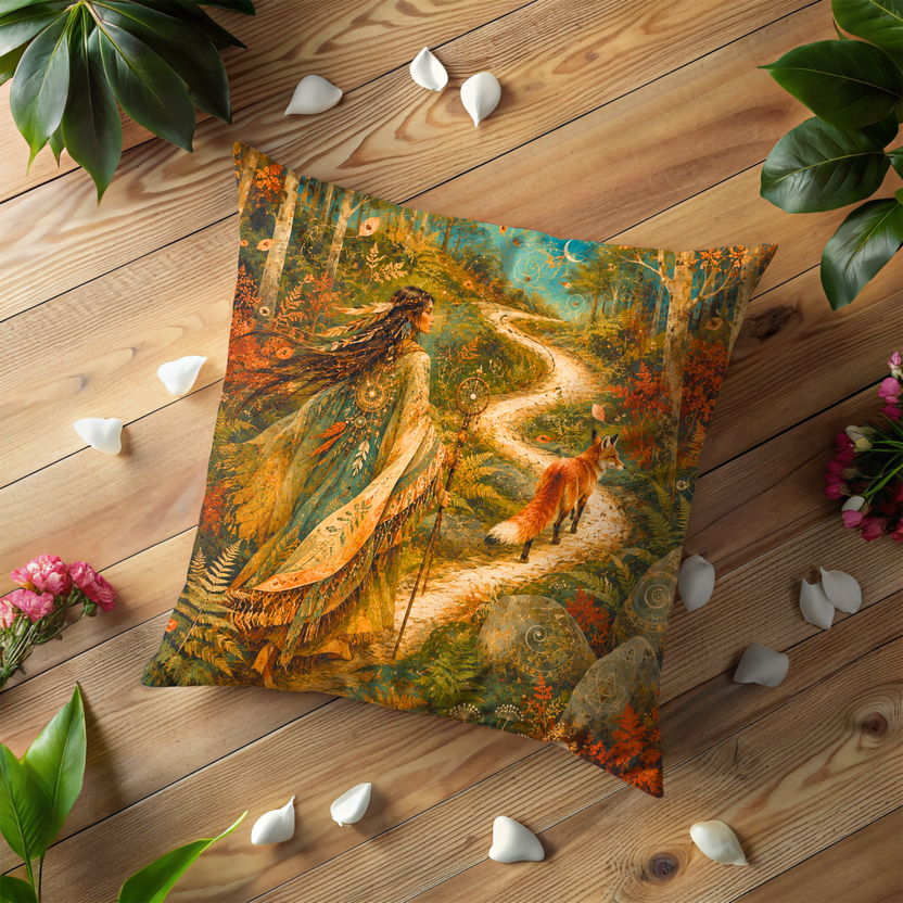 Woman and Fox Walking Pillow Cover | Enchanted Autumn Forest Twilight