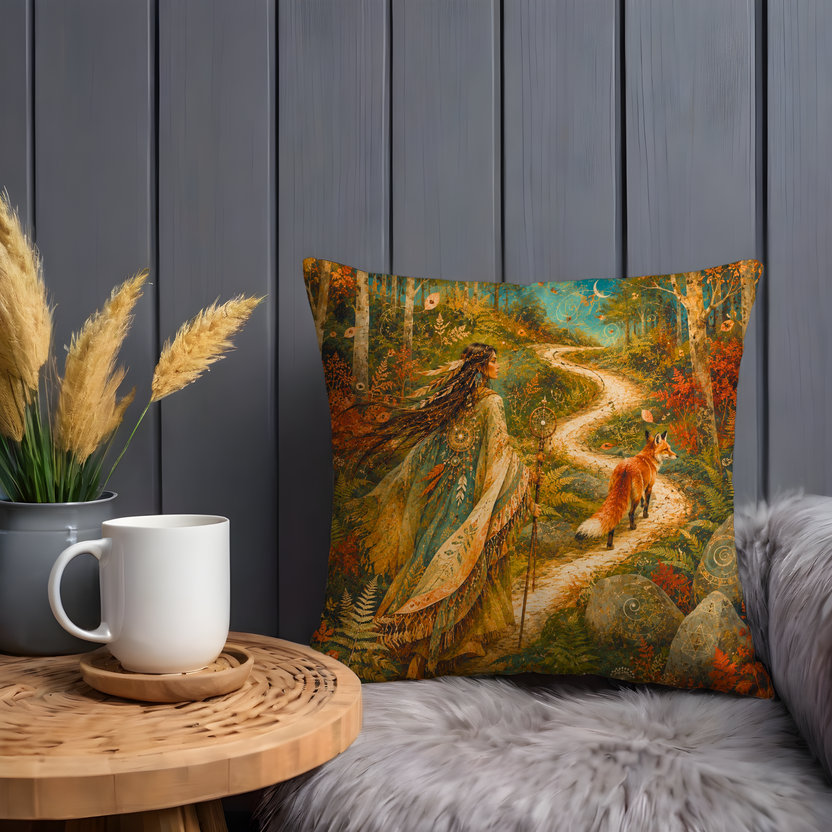 Woman and Fox Walking Pillow Cover | Enchanted Autumn Forest Twilight