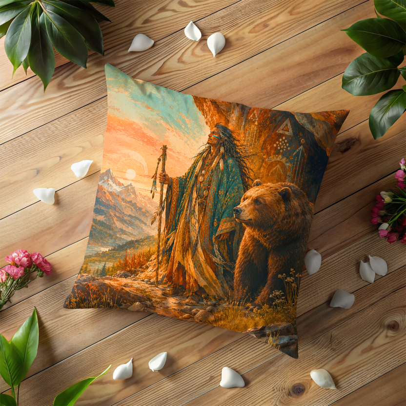 Bear Pillow Cover | Mountainous Landscape Cave Sunset