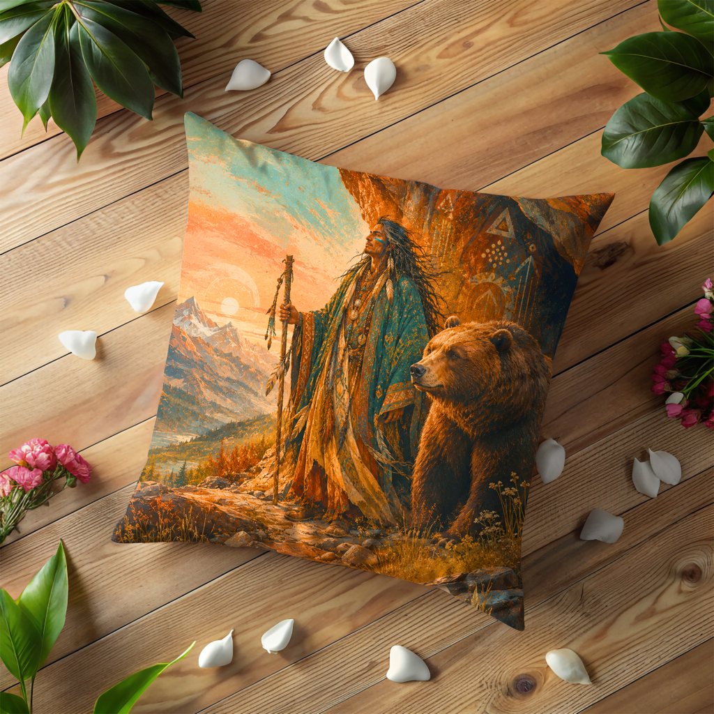 Bear Pillow Cover | Mountainous Landscape Cave Sunset