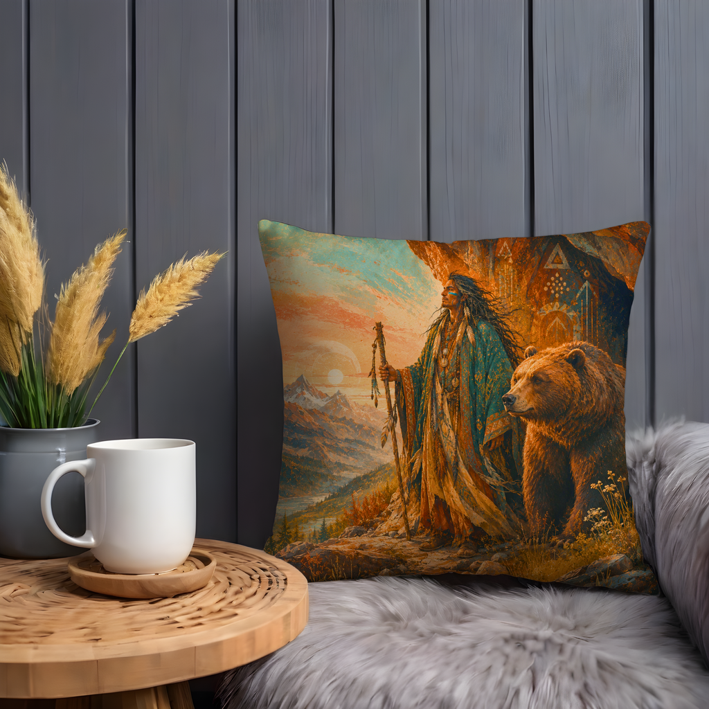 Bear Pillow Cover | Mountainous Landscape Cave Sunset