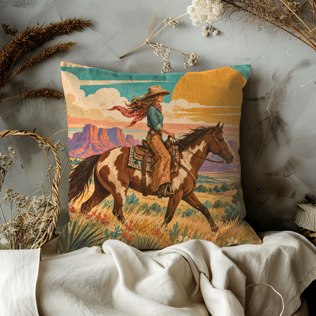 Cowgirl Pillow Cover | Southwestern Desert Landscape at Golden Hour