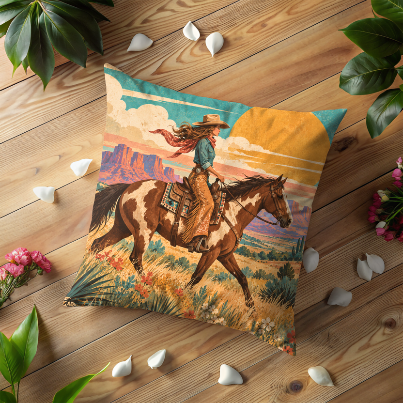 Cowgirl Pillow Cover | Southwestern Desert Landscape at Golden Hour