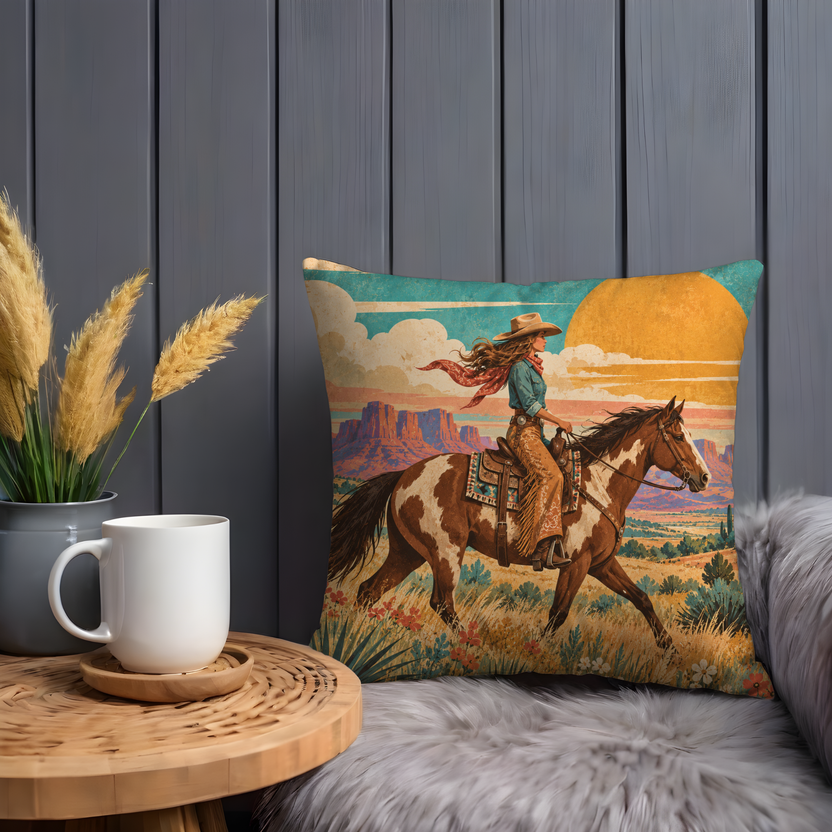 Cowgirl Pillow Cover | Southwestern Desert Landscape at Golden Hour
