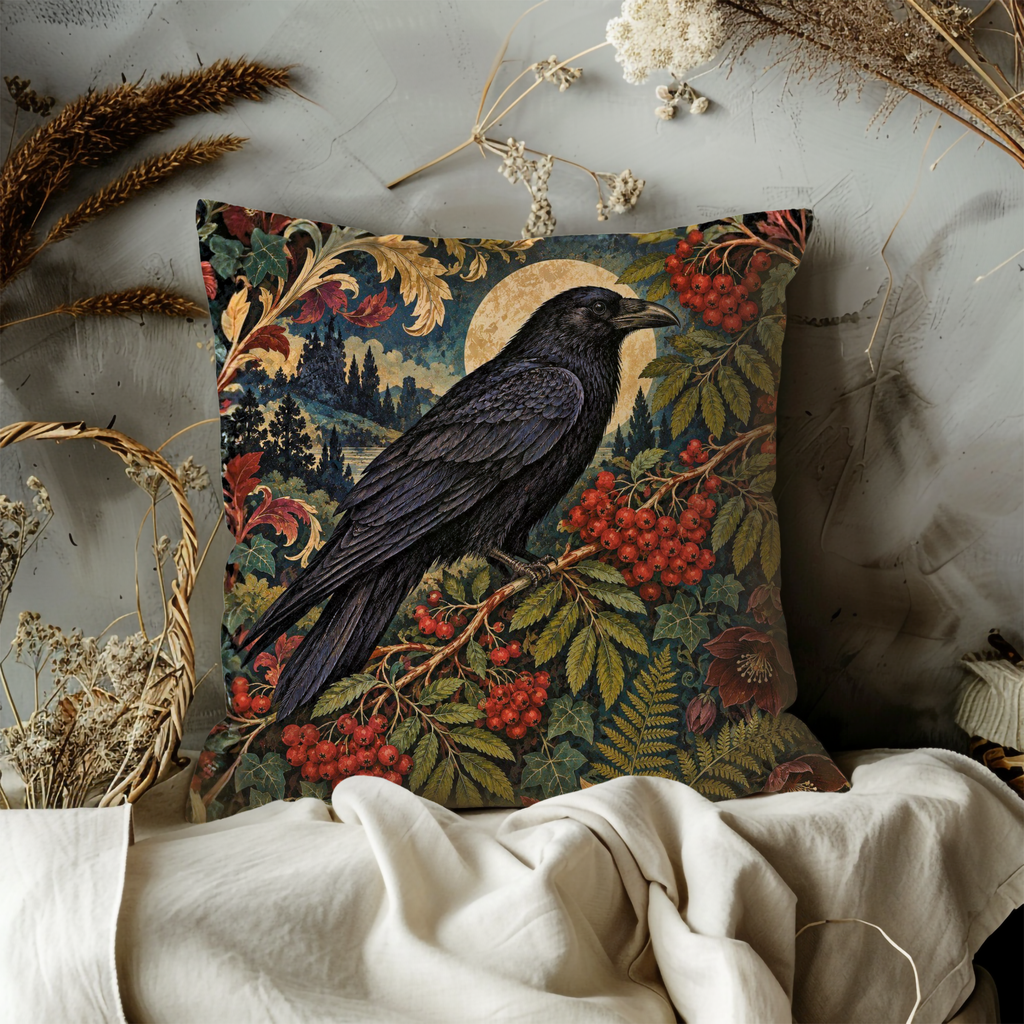 Raven Pillow Cover | Nocturnal Autumn Forest Landscape
